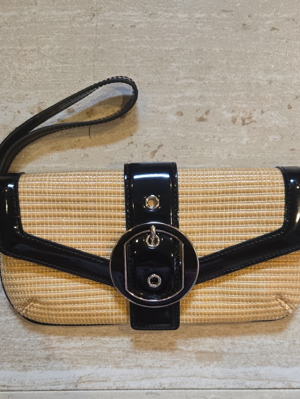 Ann Taylor Woven Tan/Patent Black Clutch Wristlet